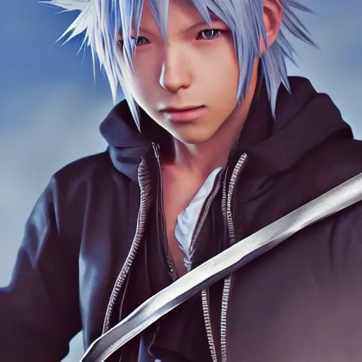 Image similar to photo realistic image of riku from kingdom hearts 2, stunning 3 d render inspired art by istvan sandorfi and greg rutkowski, character desing posing, realistic, highly detailed attributes and atmosphere, dim volumetric cinematic lighting,