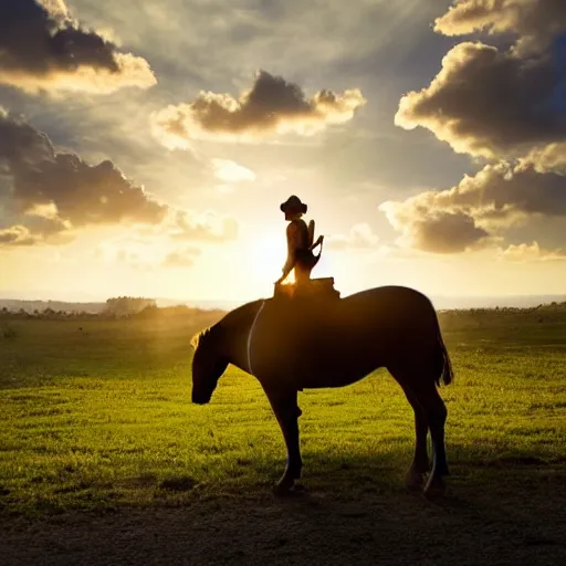 Prompt: a toad on the back of a horse riding into the sunset, realistic photography 8k