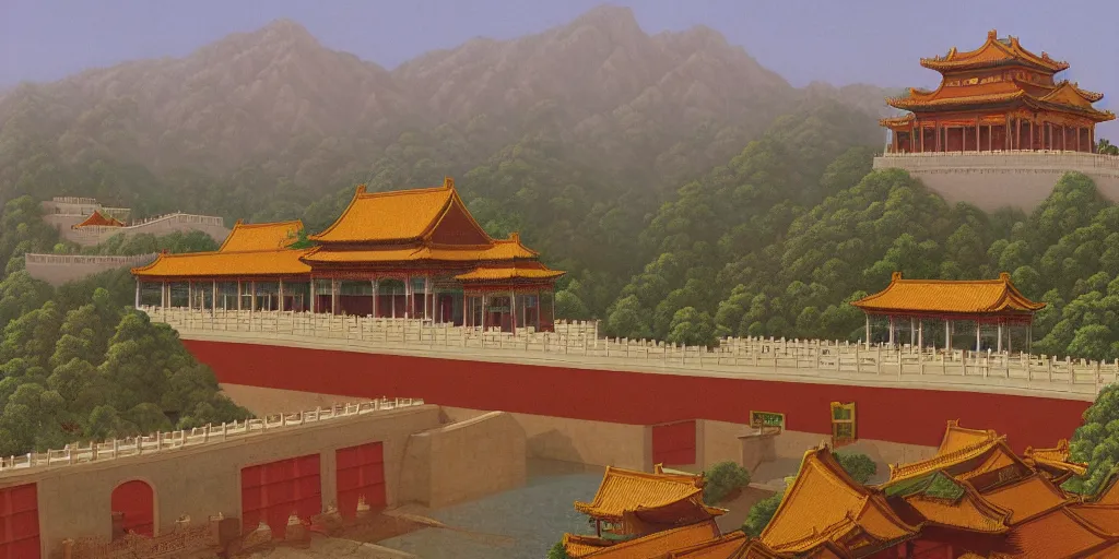 Image similar to forbidden city on the cliff, 4 k, wide - angle lens ， cinematic ， painting by wes anderson and hasui kause and scott listfield maxfield parrish