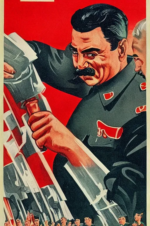 Prompt: Soviet propaganda poster with Stalin calling on the world community to fight against Nazism, Ultra Detailed, soviet realism