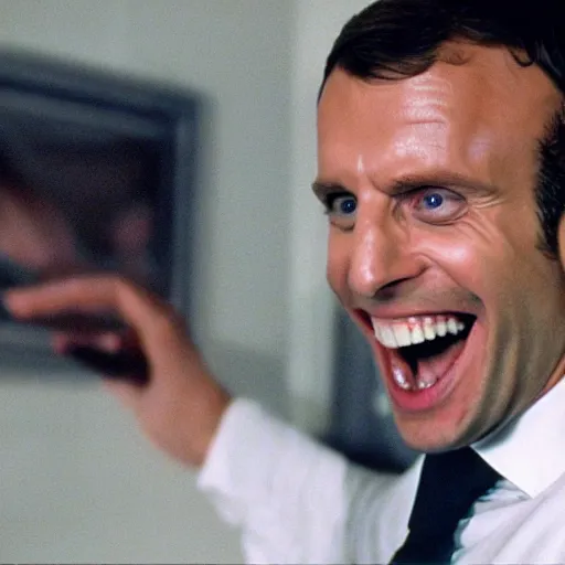 Image similar to Emmanuel Macron laughing in American Psycho (1999)