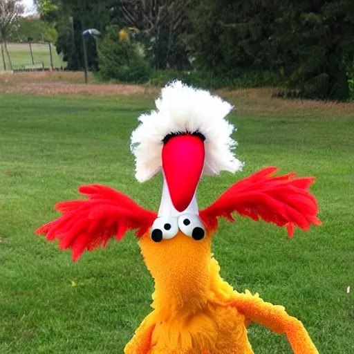 Prompt: clucky the goofy chicken muppet