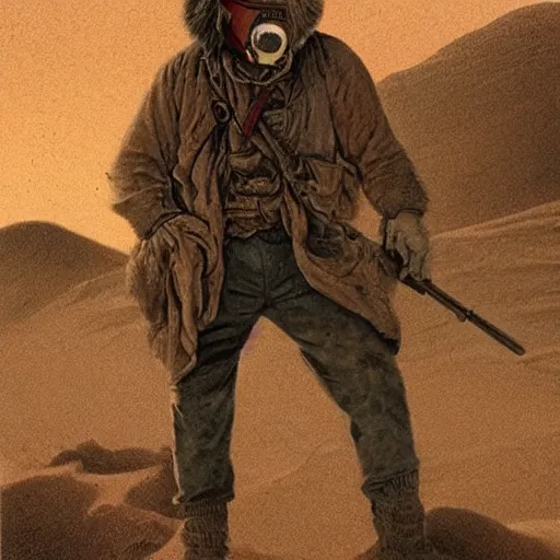 Prompt: 19th century scruffy american trapper, bandana covering face, in a sandstorm, martian landscape, pulp science fiction illustration