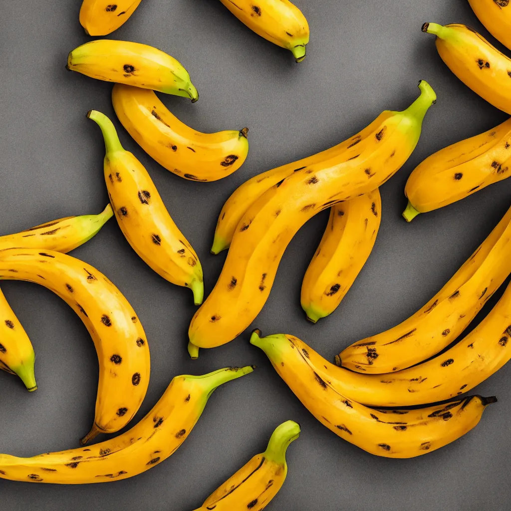 Prompt: long spotted bananas in the shape of juicy ripe oranges, closeup, hyper real, food photography, high quality