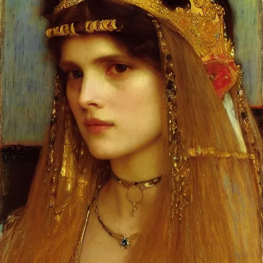 Prompt: orientalist portrait of a depressed princess wearing a golden tiara intricate portrait by john william waterhouse Edwin Longsden Long and Theodore Ralli and Henryk Siemiradzki, very coherent symmetrical artwork. Cinematic, hyper realism, high detail 8k