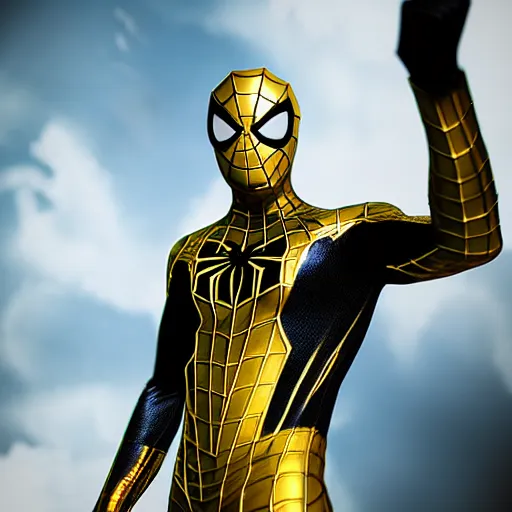 Image similar to gold spider - man suit with black web lining, cinematic, volumetric lighting, realistic, hyperdetailed, photorealistic, photograph