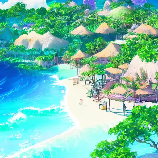 Image similar to a beautiful graphic contour outline render of a dreamy tropical anime island paradise by makoto shinkai, pink accents, soft details, graphic art