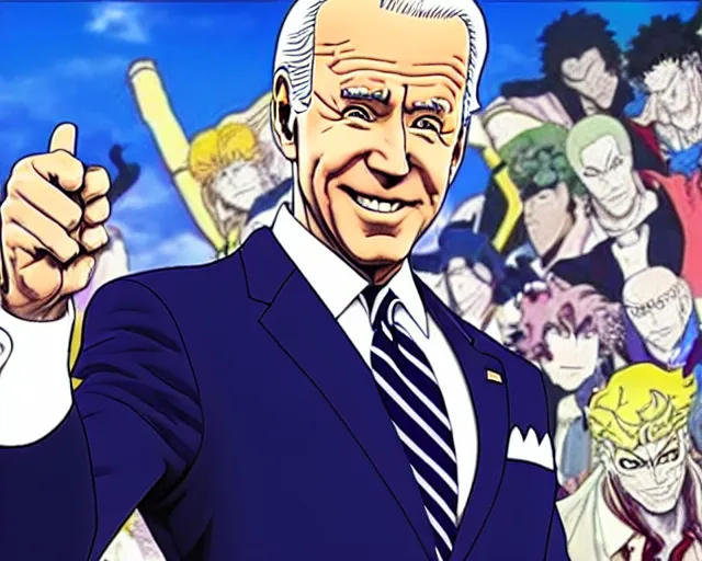 Image similar to Joe Biden in JoJo’s Bizarre Adventure anime by Hirohiko Araki, highly detailed, dynamic lighting, anime style
