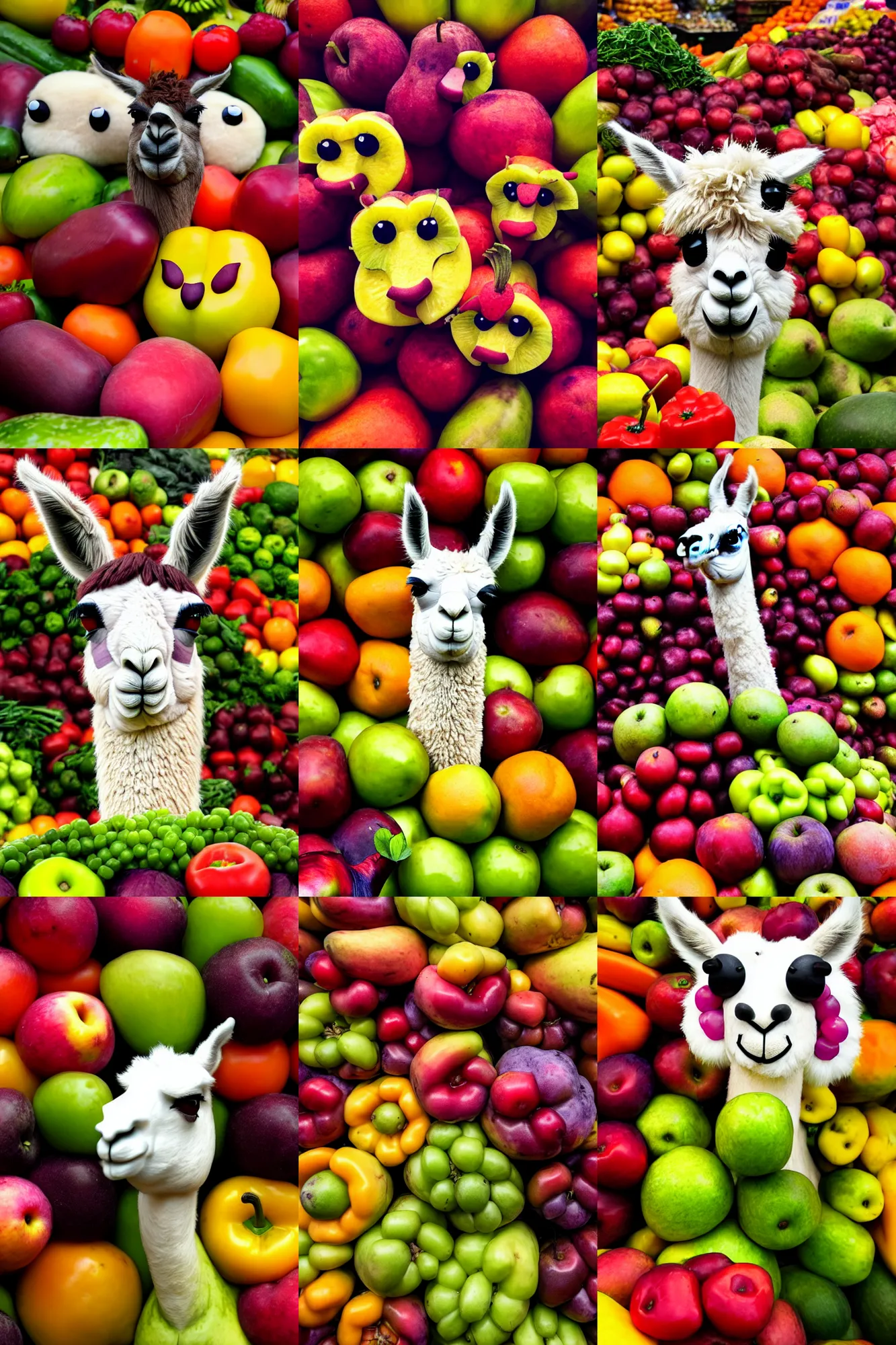 Prompt: llama face in a pile of fruits that looks like a llama face, vegetable market street photography, artstation, cute fluffy, 5k