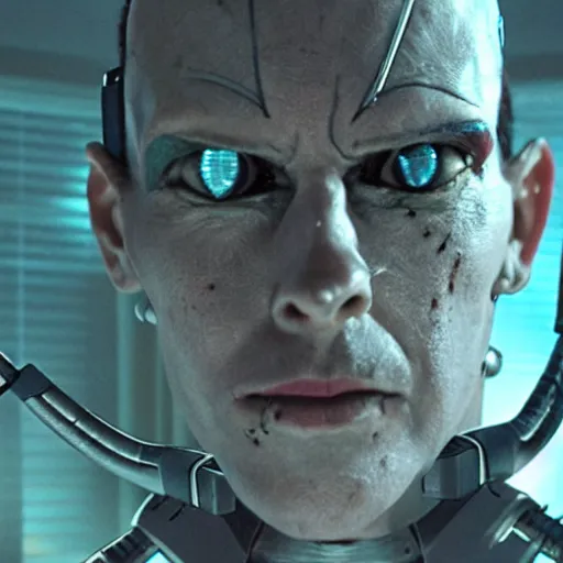 Prompt: movie still of a villain cyborg, facial expression, cinematic composition, cinematic light, by edgar allan poe,
