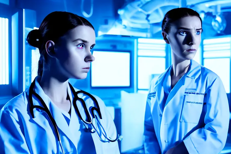 Prompt: promotional image from a dystopian sci - fi movie, a girl in a dark dystopian lab, blue lighting, muted colors, medical equipment, 8 k, cinematic, dramatic lighting, very detailed face, movie still frame, promotional image, imax 7 0 mm footage