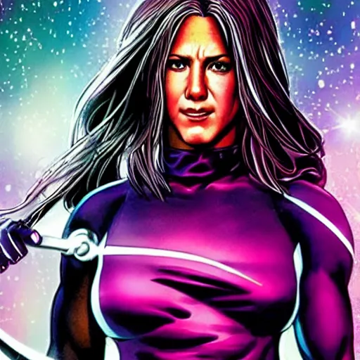 Image similar to jennifer aniston as psylocke, comic book, highly detailed