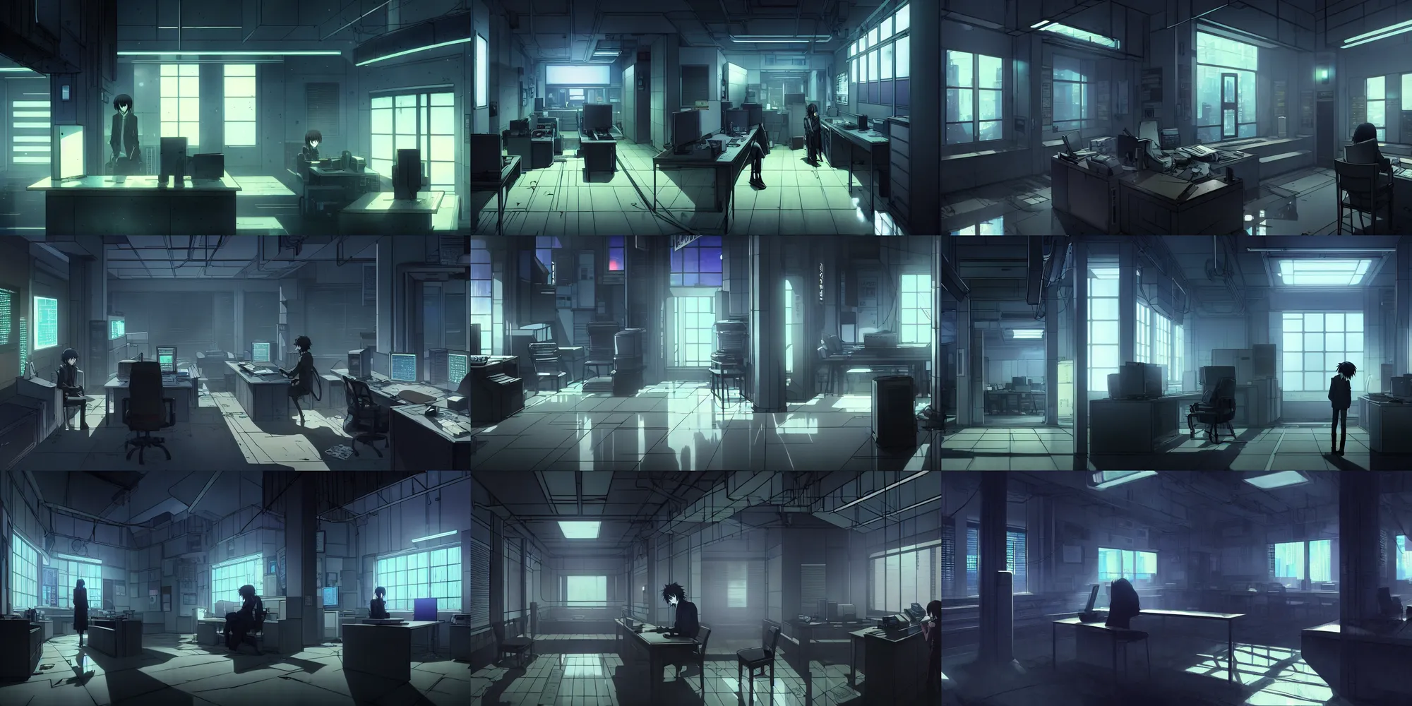 Prompt: interior of an after hours closed quiet quiet cyberpunk police office futuristic detective neon noir, in the anime series death note and ergo proxy, detailed atmospheric and gritty, by makoto shinkai and Shichiro Kobayashi