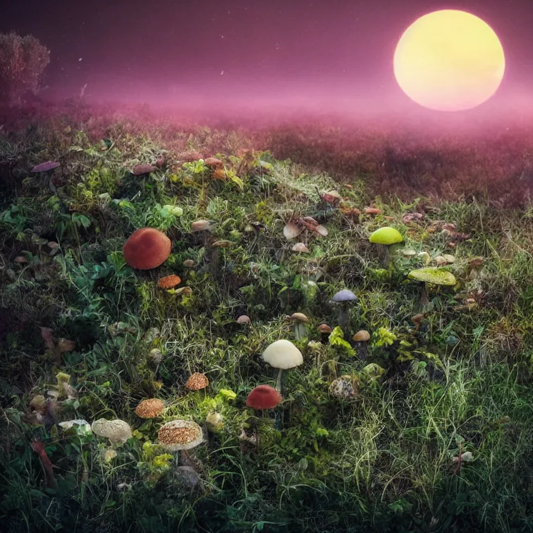 Image similar to a planet of various fungus, mushrooms and plants, inside the picture is infinity, sunset light, Atmospheric phenomenon, artistic photography, muted colors, conceptual, long exposure outside the city, volumetric light