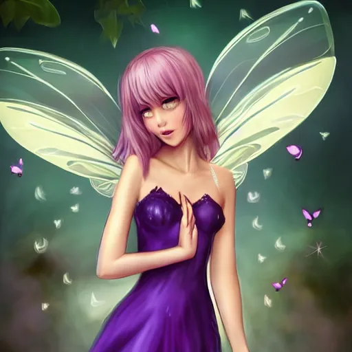 Image similar to very very very beautiful tiny fairy woman in her 20s with fairy wings wearing skintight purple dress, making eye contact, smiling, flirty, perfect body, perfect face, drawn by WLOP