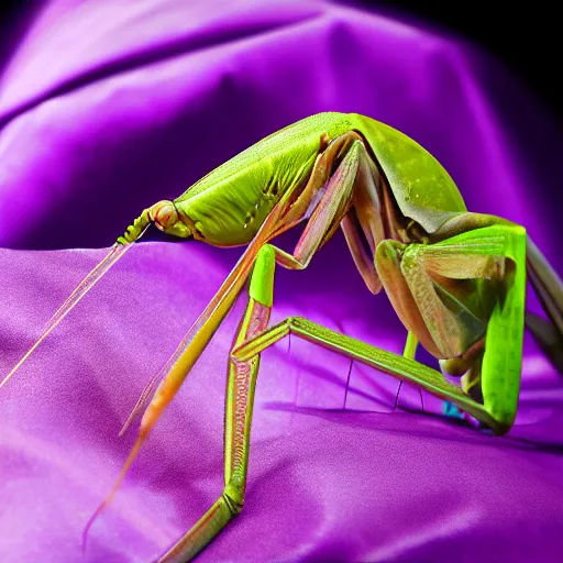 Prompt: 4 k studio portrait photograph of a tall intelligent praying mantis in a purple cloak
