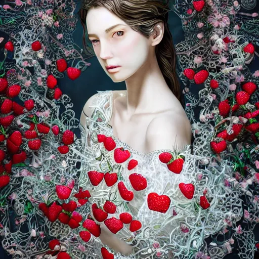 Image similar to the portrait of an absurdly beautiful, graceful, elegant, sophisticated, fashionable young woman made of strawberries and white petals with tears, an ultrafine hyperdetailed illustration by kim jung gi, irakli nadar, intricate linework, bright colors, octopath traveler, final fantasy, unreal engine 5 highly rendered, global illumination, radiant light, detailed and intricate environment