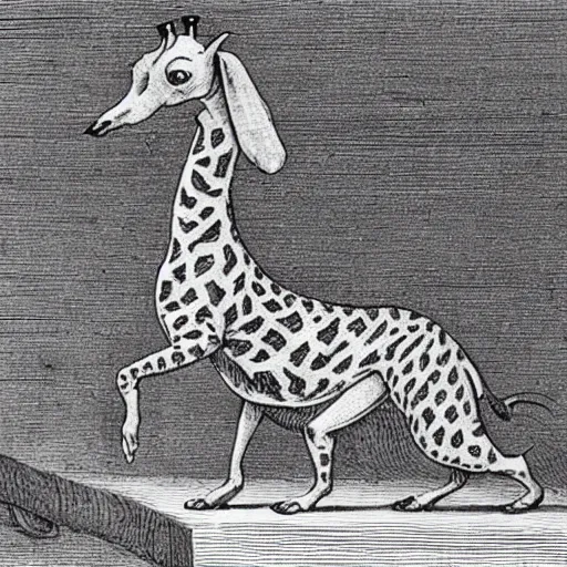 Image similar to First image of the Dachshund Giraffe to reach Europe, 18th-century engraving