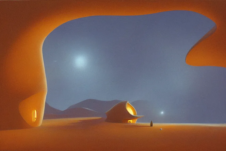 Prompt: sci fi landscape painting of snohetta architecture design of a seashell shaped house in the middle of the desert at night, painted by john harris and moebius