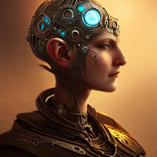 Image similar to dieselpunk robotic elvish empress, extremely detailed, hyperrealistic, intricate, soft light, fantasy, d & d, digital painting, art station, by wlop