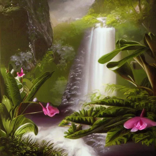 Prompt: waterfall as a river beneath orchids