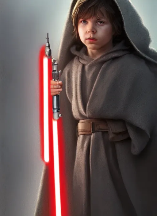 Image similar to perfectly - centered - portrait of a kid wearing grey cloak holding light saber, intricate, highly detailed, digital painting, artstation, concept art, smooth, sharp focus, illustration, unreal engine 5, 8 k, art by artgerm and greg rutkowski and alphonse mucha