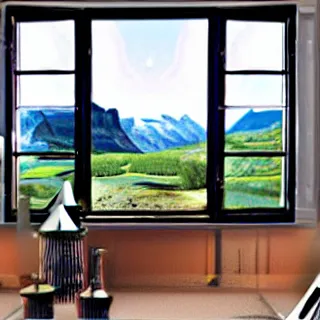 Image similar to fantastical living room with switzerland landscape in the window