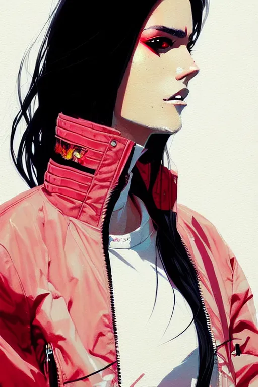 Image similar to a ultradetailed beautiful painting of a stylish woman wearing a bomber jacket, by conrad roset, greg rutkowski and makoto shinkai trending on artstation