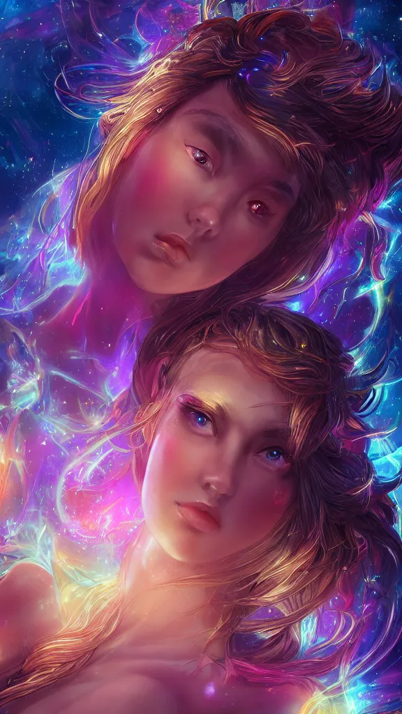 Image similar to highly detailed close up portrait of a celestial girl with a body made of cosmic energy, character art, studio lightning, bright colors, intricate, masterpiece, photorealistic, hiperrealistic, sharp focus, high contrast, Artstation HQ, DeviantArt trending, 4k UHD, Unreal Engine 5