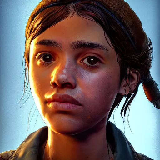 Image similar to portrait art of clementine from game the walking dead by telltale games, 8 k ultra realistic, lens flare, atmosphere, glow, detailed, intricate, full of colour, led lighting, 4 k, hyperrealistic, focused, extreme details, unreal engine 5, masterpiece