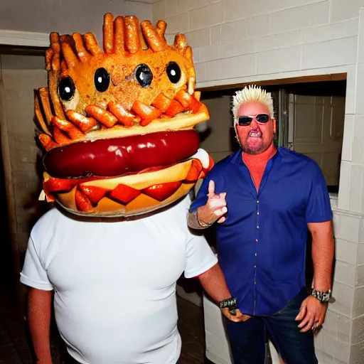 Image similar to lean, cut guy fieri poses with a huge hot dog in a dim hallway. he is very fit