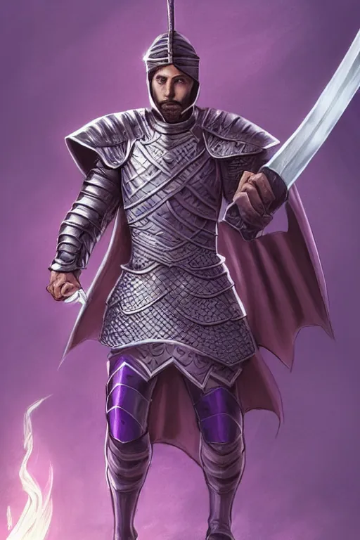 Image similar to comic book drawing of a handsome knight holding magical sword, purple energy, highly detailed, d & d, fantasy, highly detailed, digital painting, trending on artstation, concept art, sharp focus, illustration, global illumination, ray tracing, realistic shaded, art by artgerm and greg rutkowski and fuji choko and viktoria gavrilenko and hoang lap