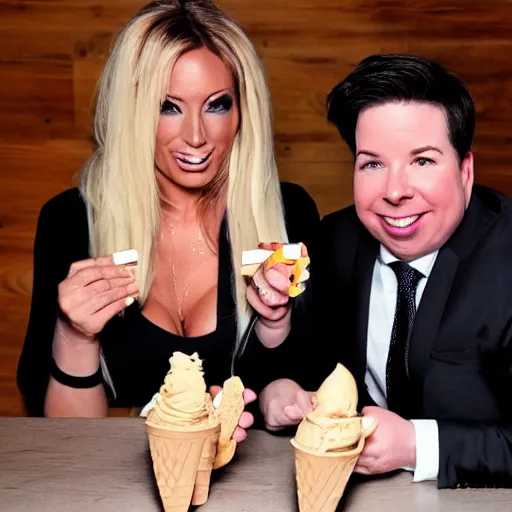 Prompt: Michael Mcintyre sitting next to Jodie Marsh eating ice creams