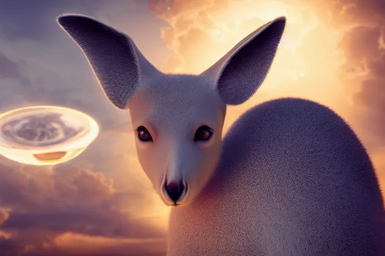 Image similar to portrait of a pagan psychic kangaroo god, cinematic, octane render, hyper detailed, lens flare, 4 k