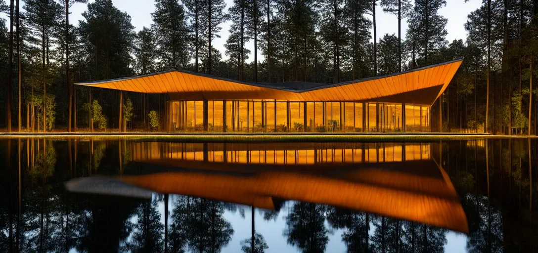 Image similar to faceted roof planes lift and descend creating shade and architectural expression, highly detailed, situated in the forest, next to a highly reflective lake, at dusk, vivid color