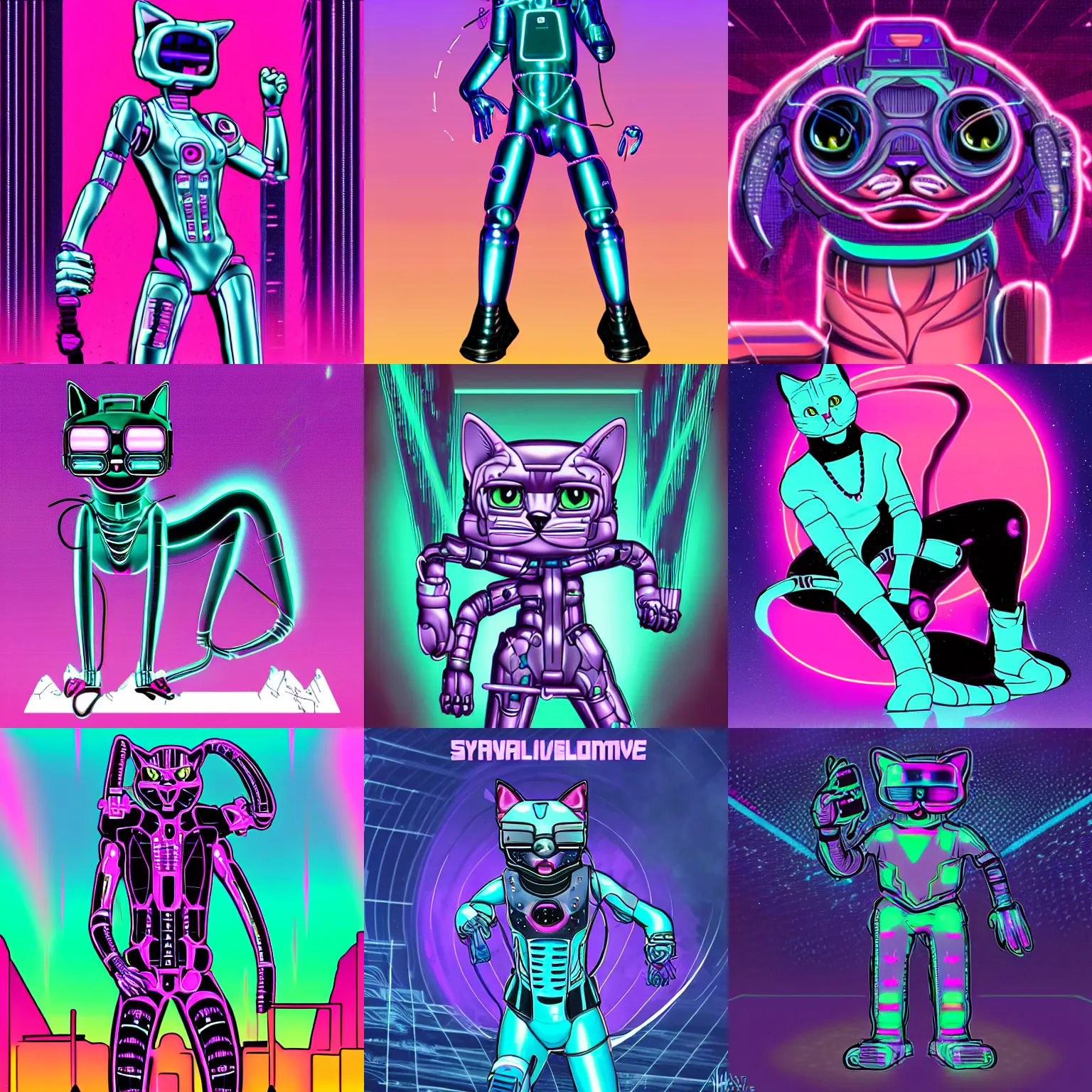 Prompt: Synthwave cat with cybernetic limbs.