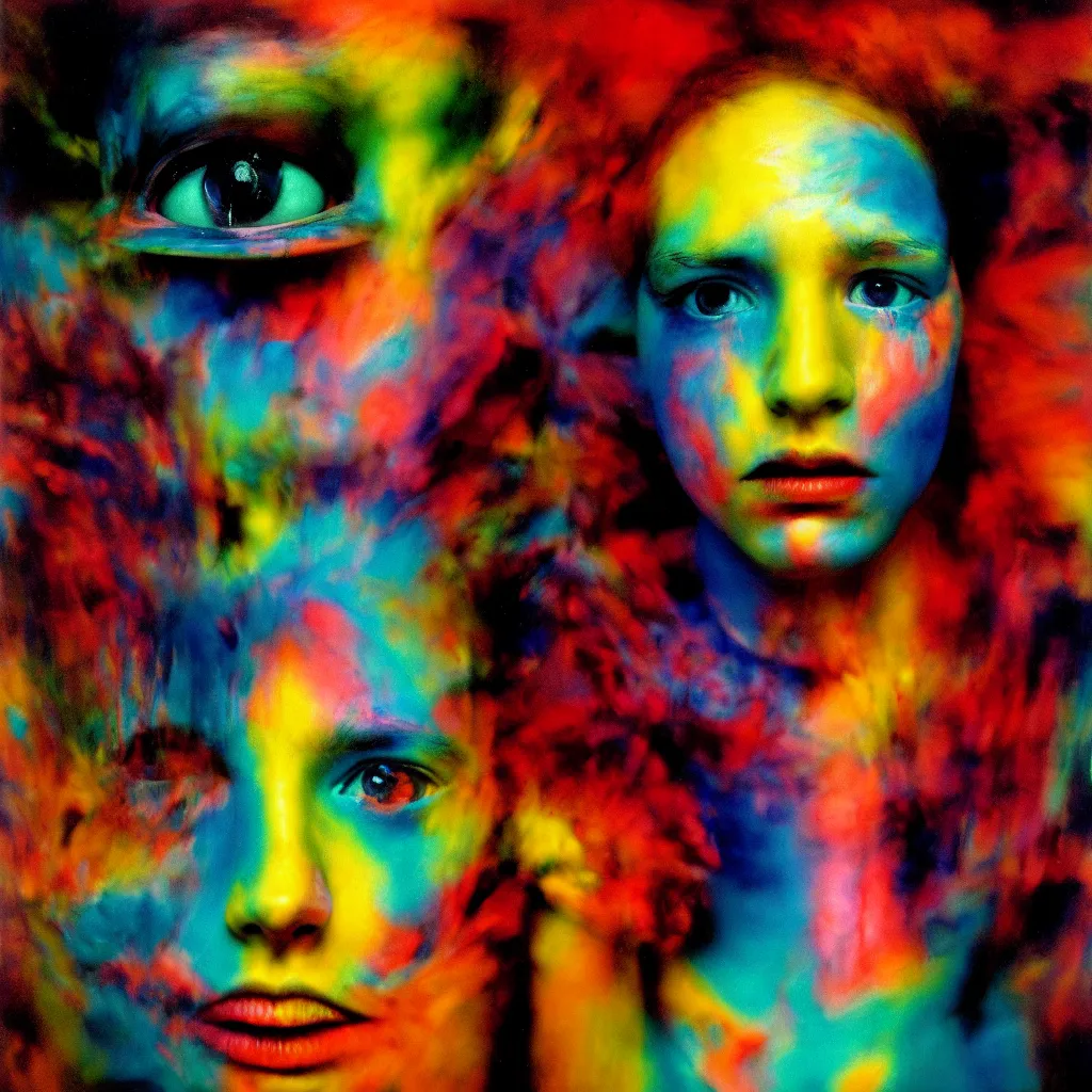 Image similar to award winning photo of a lsd trip, vivid colors, dilated pupils, frantic, symmetrical face, beautiful eyes, studio lighting, wide shot art by sally mann & arnold newman