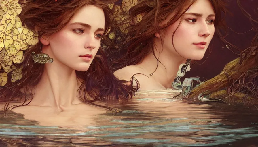 Image similar to jealousy, perfectly-centered-Portrait of the most beautiful woman on the planet floating in the river, intricate, highly detailed, digital painting, artstation, concept art, smooth, sharp focus, illustration, Unreal Engine 5, 8K, art by artgerm and greg rutkowski and alphonse mucha