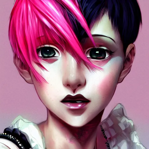 Prompt: full headshot portrait of anime woman with pink pixie cut mohawk punk, digital art, drawn by WLOP, by Avetetsuya Studios, anime manga panel, trending on artstation, wearing a plaid shirt