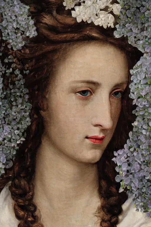 Prompt: hyperrealism close - up mythological portrait of an exquisite medieval woman's shattered face partially made of lilac flowers in style of classicism, wearing white silk robe, dark palette