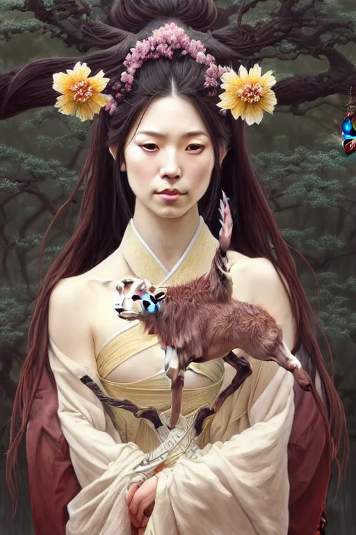 Image similar to Portrait of japanese llama, D&D, dark fantasy, anthro portrait, sakura blooming on background, intricate, elegant, highly detailed, digital painting, artstation, concept art, smooth, sharp focus, illustration, art by artgerm and greg rutkowski and alphonse mucha, daily deviation