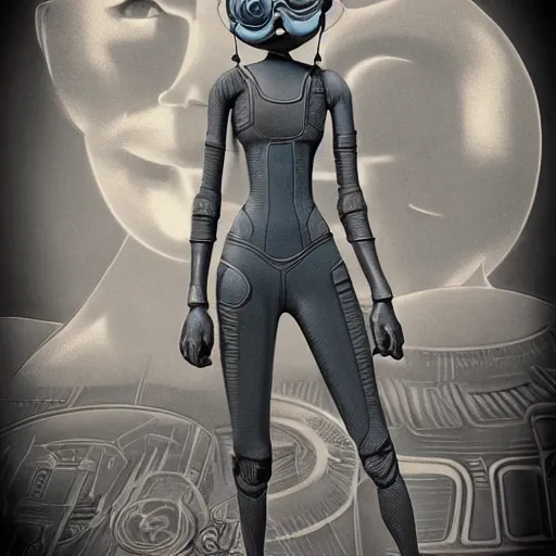 Image similar to pixar 3 d style retrofuture tattooed stoic heroic emotionless dirty butch blonde woman mechanic with very short slicked - back hair, full body, uncomfortable awkward and anxious, wearing dark - lensed victorian goggles, wearing dirty ripped flight suit, trudging through fantastic planet, valerian, moebius, rough paper, sci fi, behance hd