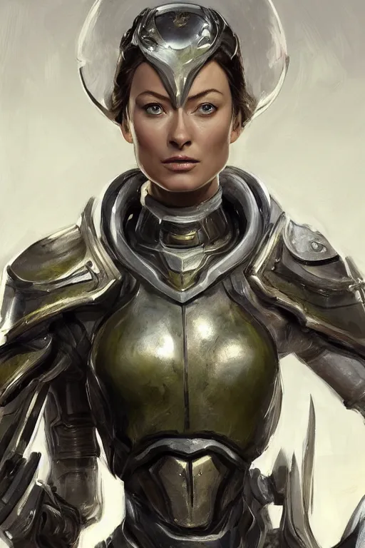 Image similar to a professional painting of a young Olivia Wilde, clothes in military armor, olive skin, long dark hair, beautiful bone structure, symmetrical facial features, intricate, elegant, digital painting, concept art, smooth, sharp focus, illustration, from StarCraft by Ruan Jia and Mandy Jurgens and Artgerm and William-Adolphe Bouguerea