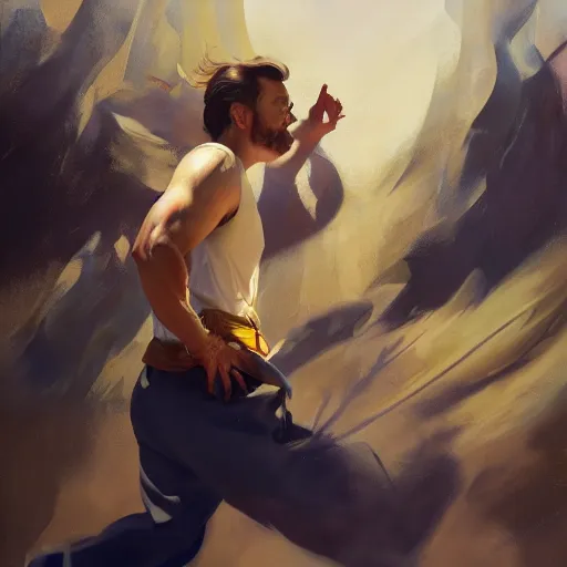 Prompt: greg manchess portrait of a man tripping and falling, profile picture, organic painting, sunny day, matte painting, bold shapes, hard edges, street art, trending on artstation, by huang guangjian, gil elvgren, ruan jia, randy vargas, greg rutkowski