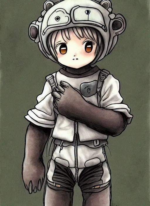 Image similar to beautiful little boy wearing an cyborg bear suit, artwork in kentaro miura and made in abyss and rosdraws, smooth, beautiful lightness, anatomically correct, trending on pixiv, forest