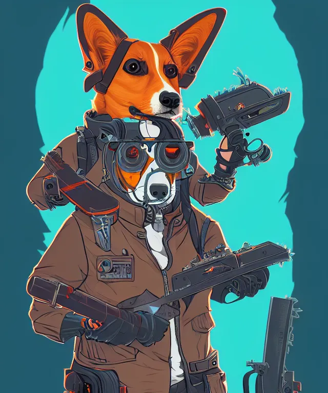 Image similar to a portrait of an anthropomorphic cyberpunk corgi! holding a chainsaw, fantasy, elegant, digital painting, artstation, concept art, matte, sharp focus, illustration, art by josan gonzalez