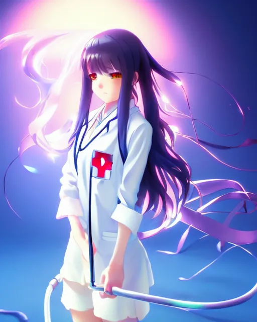 Image similar to anime style, vivid, expressive, full body, 4 k, painting, a cute magical girl with a long wavy black hair wearing a nurse outfit, stunning, realistic light and shadow effects, centered, simple background, studio ghibly makoto shinkai yuji yamaguchi