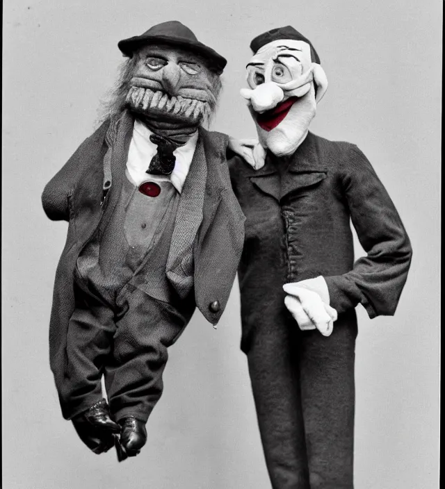 Image similar to hyper realistic old photography of lunatic ventriloquist old man with terrific haunted puppet