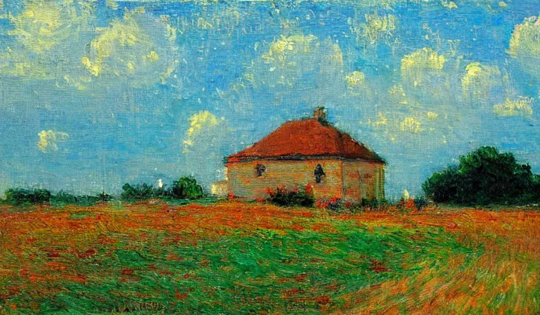 Prompt: A serene landscape with a singular building in the style of impressionism