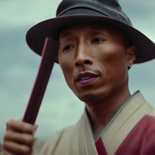 Image similar to cinematic film still Pharrell Williams starring as a Samurai holding fire, Japanese CGI, VFX, 2003, 40mm lens, shallow depth of field,film photography